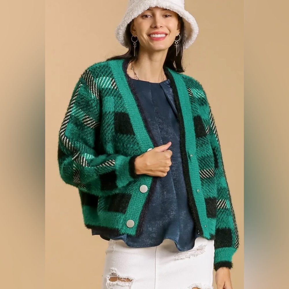 Umgee Plaid Green Cardigan Sweater